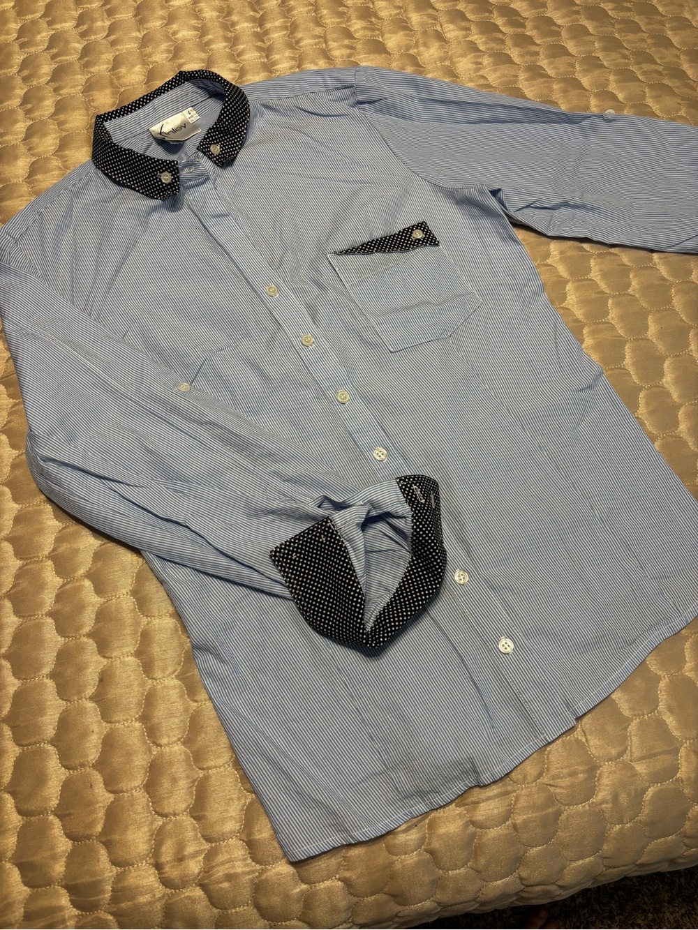 Finley Blue Striped Shirt | Contrast Polka Dot Collar & Cuffs | Made in USA | L